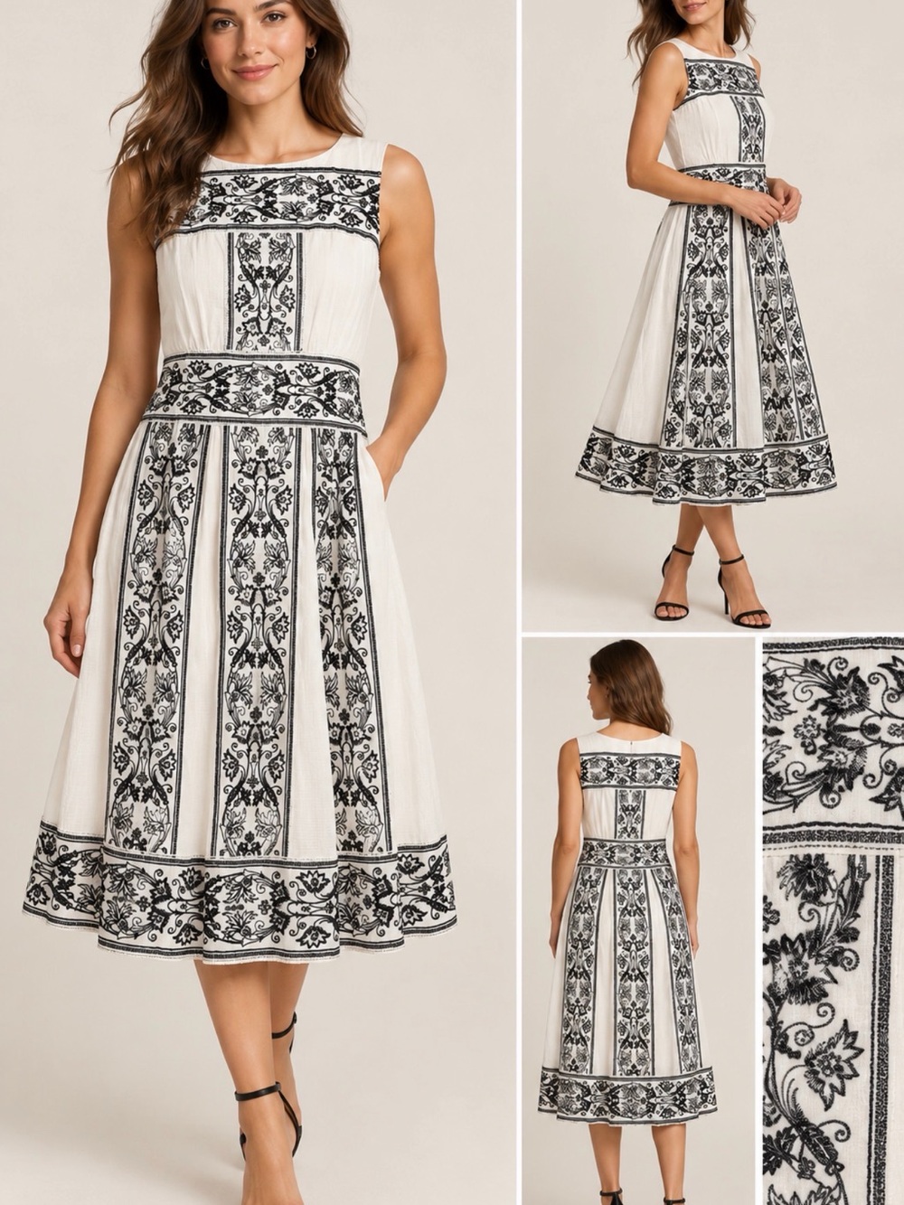 Ivory Midi Dress with Black Embroidered Panels
